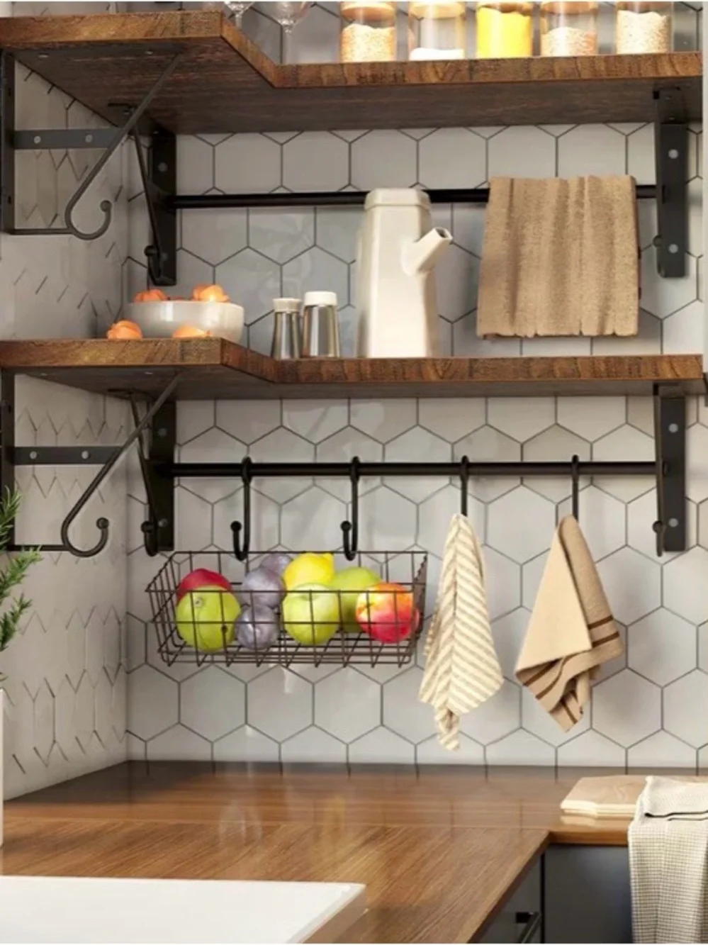 Wood and metal set of 2 corner floating shelves